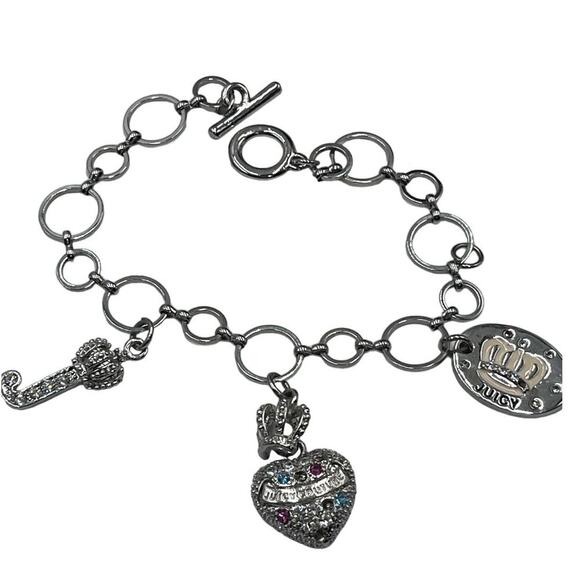 Juicy Couture Silver Tone Charm Bracelet Puff multicolor Crown Heart Pave‎ J - Picture 1 of 8